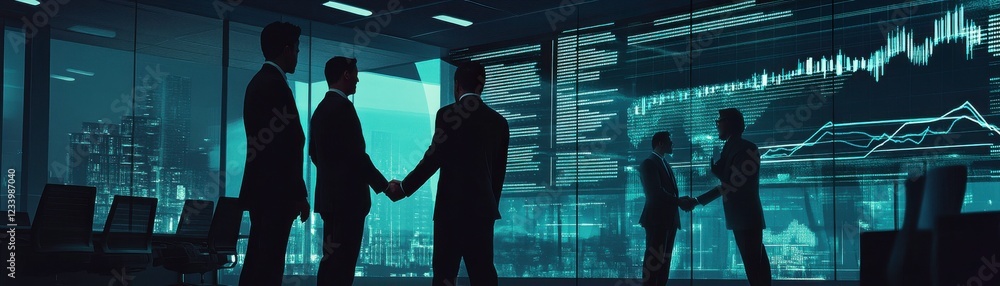 Poster silhouetted figures in business attire shake hands against a backdrop of data visualizations and a m