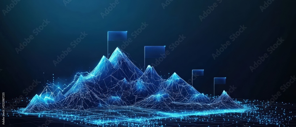 Poster mountain landscape with a network of interconnected lines and dots illustrating data visualization
