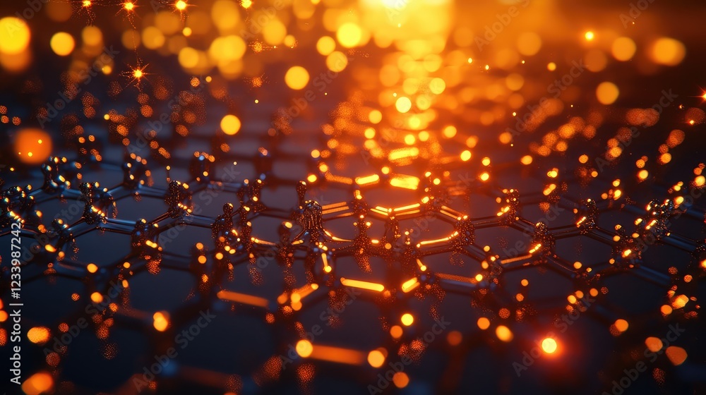 Poster close-up of nanostructures in a network pattern with glowing particles and digital effects, leaving 