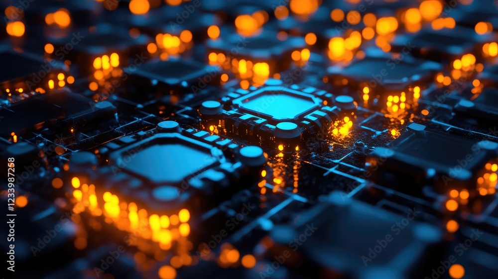 Poster close-up of nano-scale structures with interconnecting atoms and glowing elements, showcasing advanc