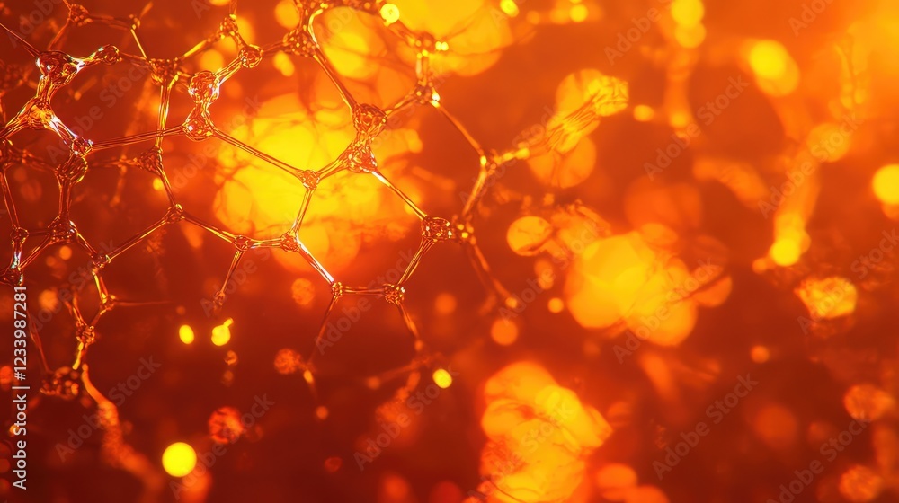 Poster close-up of nanostructures in a network pattern with glowing particles and digital effects, leaving 