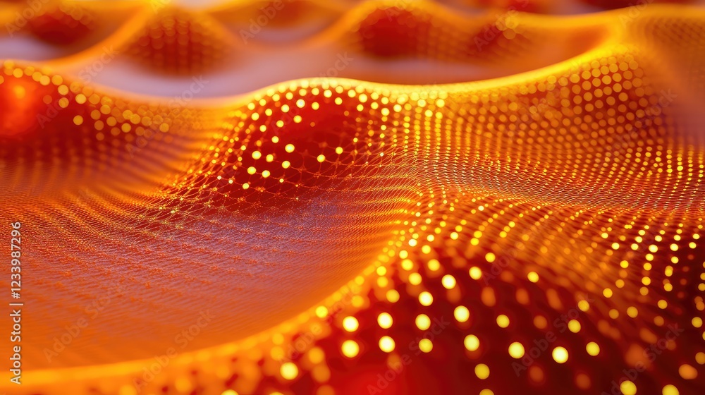 Poster close-up of nanostructures in a network pattern with glowing particles and digital effects, leaving 