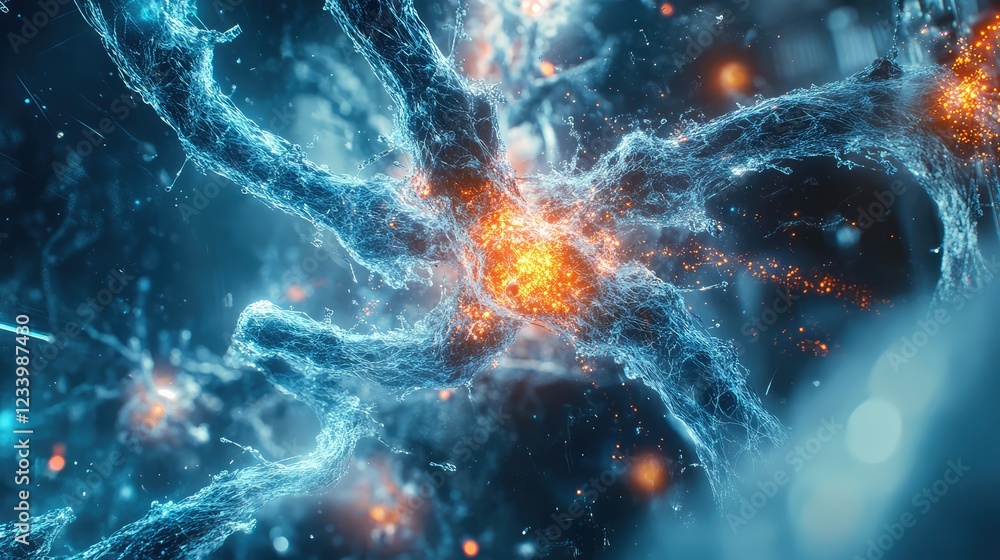 Poster close-up of nanotechnology with glowing molecular structures and interconnected particles, leaving r
