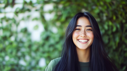 A young woman with long, glossy black hair joyfully smiles, her bright eyes sparkling with happiness. The carefree vibe and confidence she radiates are contagious, capturing a mome