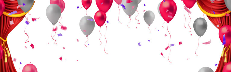 Balloon happy birthday banner, happy congratulations celebration anniversary luxury and Red curtains realistic illustration.Theater fabric silk decoration for movie