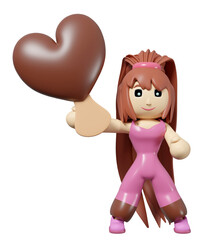 Woman holding heart-shaped chocolate ice cream stick isolated. Happy valentine's day concept, 3d illustration render