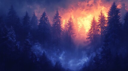Naklejka premium Fiery sunset dramatically lights snowy forest scene vivid blue and orange hues. AI Generated