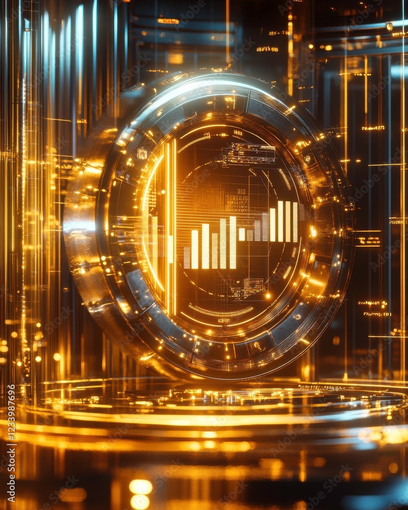 Poster a futuristic digital interface displaying data trends with vibrant golden hues and intricate geometr