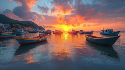 Fototapeta premium Sunset over Coastal Village with Fishing Boats