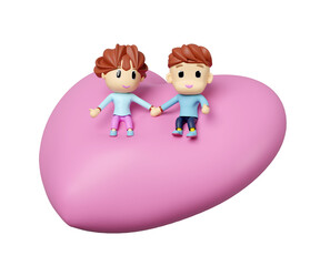 Obraz premium Girl and boy sitting on a big heart shaped pillow isolated. Happy valentine's day concept, 3d illustration render