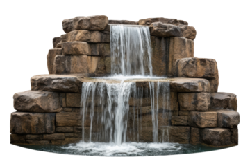 Artificial waterfall with stacked rocks isolated with transparent background