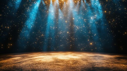 An empty golden stage with blue accents, illuminated by a celestial array of lights, sets the scene for a performance to begin.