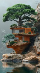 Obraz premium Serene Cliffside Modern House nestled in lush greenery tranquil lake view