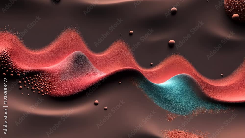 Poster a colorful image of a sandy beach with a blue and red wave. there are many small dots scattered thro