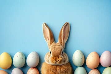 Easter bunny rabbit with rows of colorful pastel eggs on blue background with copy space, Easter holiday celebration background