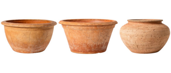 Three terracotta pots with cracks isolated with transparent background