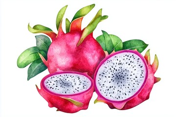 Vibrant Dragon Fruit Slice & Whole: Abstract Watercolor Illustration