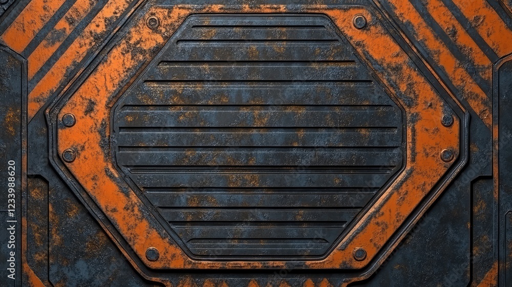 Poster corroded metallic texture with vibrant orange rust and dark oxidation, leaving an open, clear space 