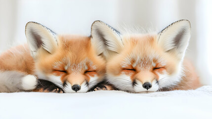 Two red fox kits sleeping peacefully, close-up