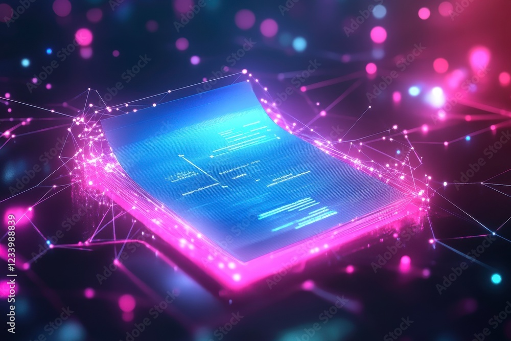 Poster a glowing digital document surrounded by vibrant lights, representing technology and data visualizat