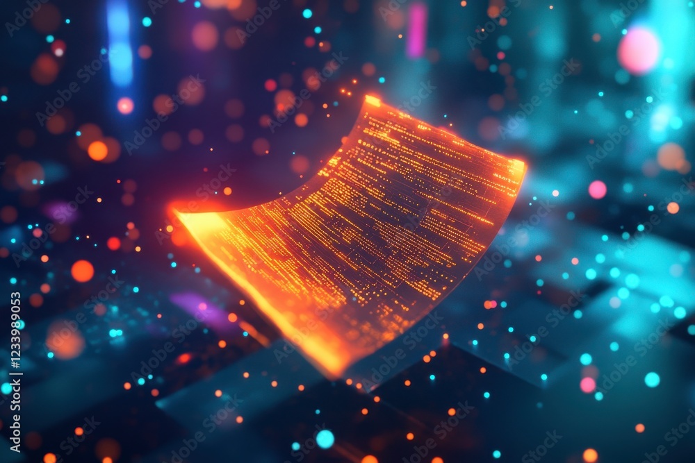 Poster a glowing, digital sheet floats amidst vibrant particles, creating a mesmerizing effect that suggest