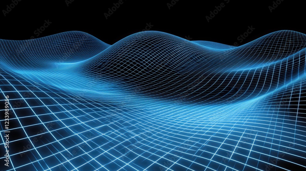 Poster cyber-inspired background with a futuristic blue grid, dynamic light trails, and pulsating energy wa