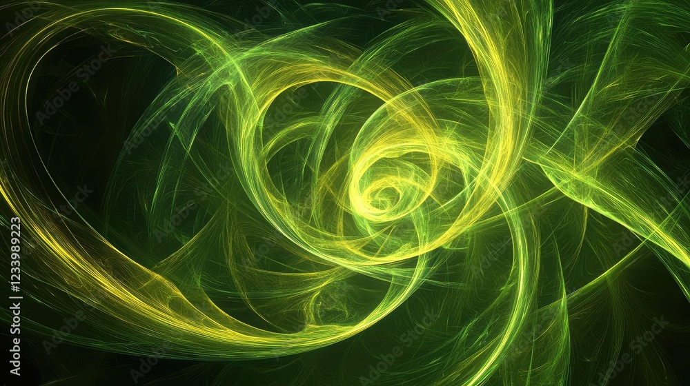 Poster cyber-inspired fractal digital vortex with dynamic glowing lines, creating an immersive high-tech ba