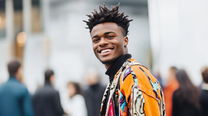 Fototapeta premium A young man with a charismatic smile and a laid-back attitude, dressed in freaky clothing, captures the essence of youthful energy. His carefree, confident demeanor makes him stand