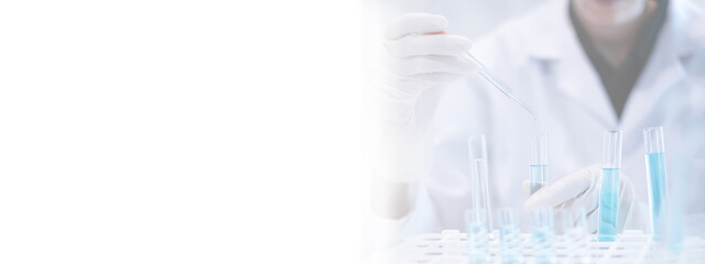 Close-up Laboratory test tube with blue liquid for chemistry chemical medicine medical research copy space banner