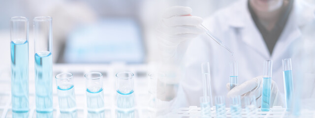 Close-up Laboratory test tube with blue liquid for chemistry chemical medicine medical research...