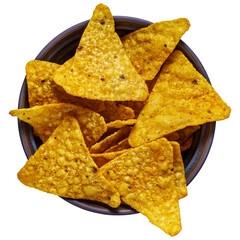 Bowl of nachos taken from overhead angle shows golden yellow chips with dark spots on white...