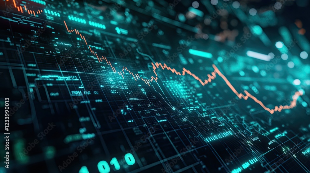 Poster a stock trading-style interface with dynamic graphs, green and red indicators, and an upward arrow, 