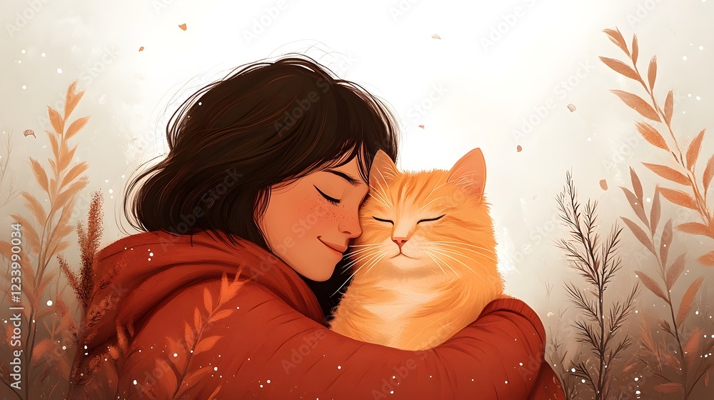 Poster minimalist distorted shapes style muslim boy lovingly hugging his cat woodtextured forms blending in