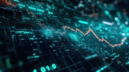 Obraz premium A stock trading-style interface with dynamic graphs, green and red indicators, and an upward arrow, copy space.