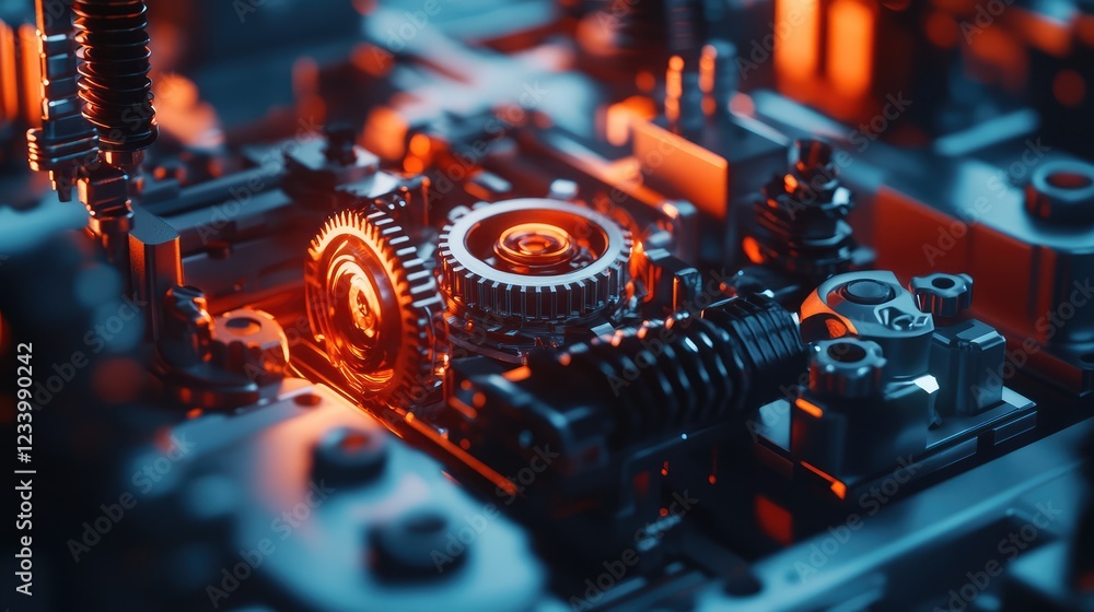 Poster digital robotic design with high-tech machinery, glowing energy flows, and advanced ai components cr