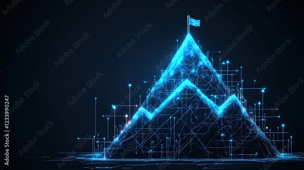 Poster abstract futuristic mountain landscape with interconnected lines and dots in a digital style
