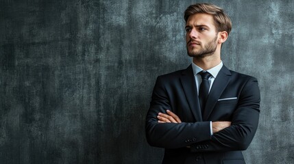 A successful businessman in a dark suit, arms crossed, looking away with a thoughtful expression, copy space on the side.