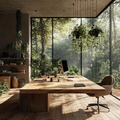 Fototapeta premium Modern home office with large windows overlooking a lush green forest.
