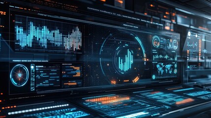 Obraz premium A technology-inspired digital dashboard with a growing financial graph and futuristic effects, copy space included.