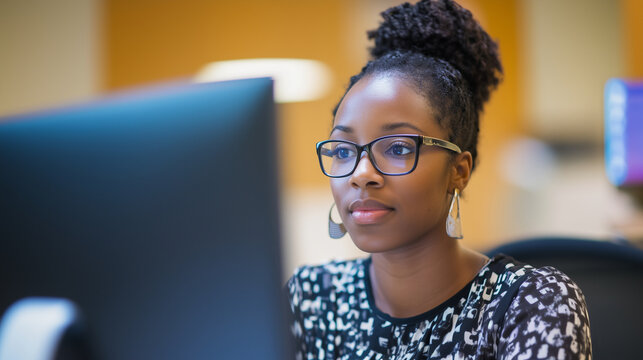 Black African American female IT professional immersed in analyzing a complex data set.