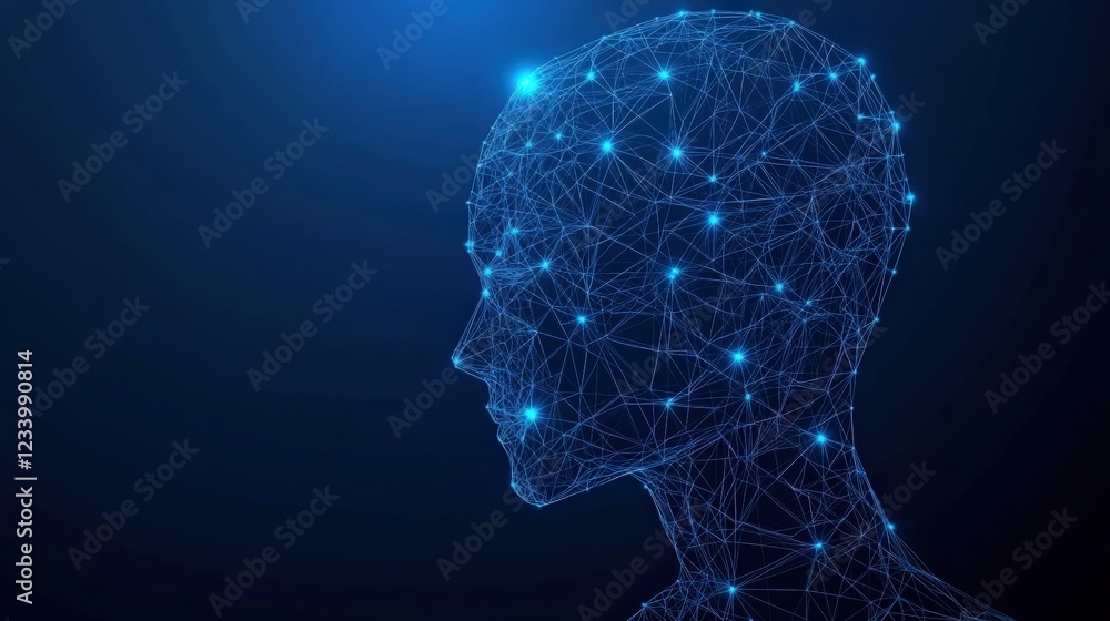 Poster a human head with a network of connected lines representing thoughts and ideas in a digital environm