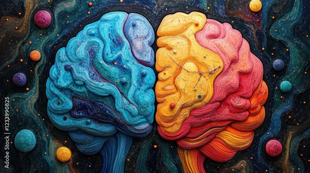 Poster colorful abstract painting of a brain showcasing different colors and patterns on a canvas backgroun