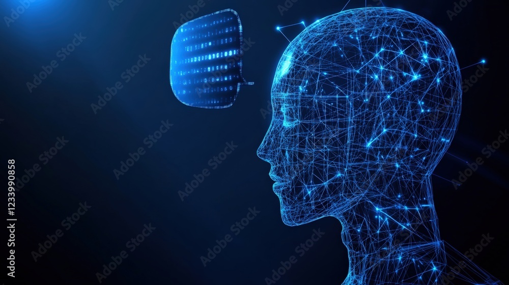 Poster head with virtual interface displaying digital information and technology concepts in a modern desig