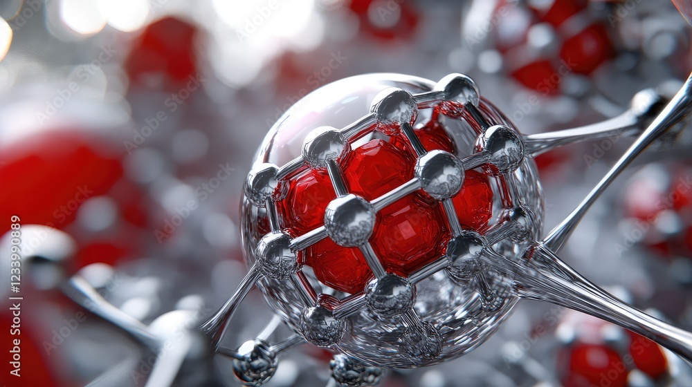 Poster futuristic atomic-level nanotechnology with interconnected particles and molecular patterns, providi
