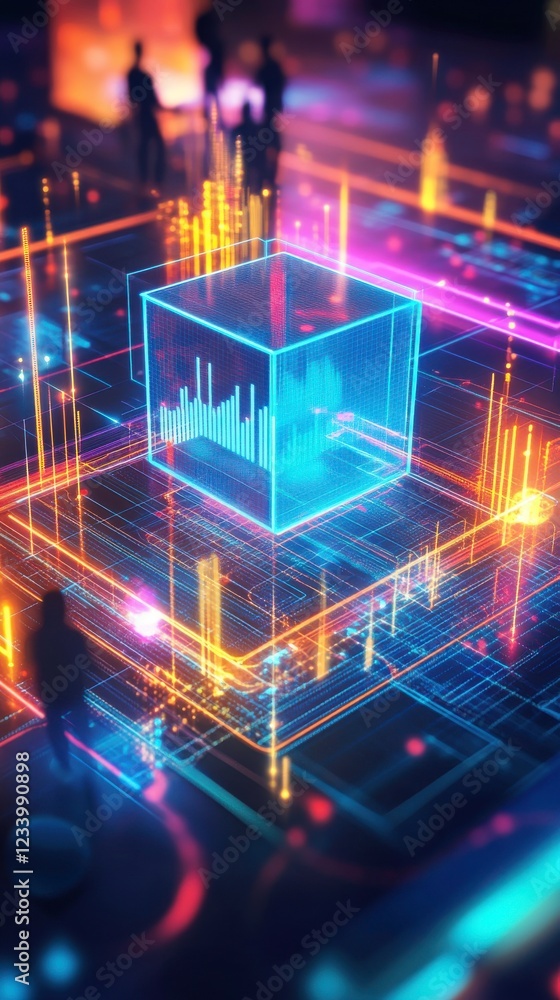 Poster a vibrant, digital scene featuring a glowing cube amidst dynamic data visualizations and silhouettes