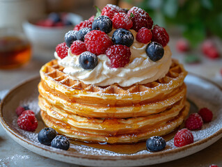 a plate with four layers of waffles topped with whipped cream, fresh berries, and drizzled honey. The plate is surrounded by scattered fresh blueberries, raspberries, and strawberries.