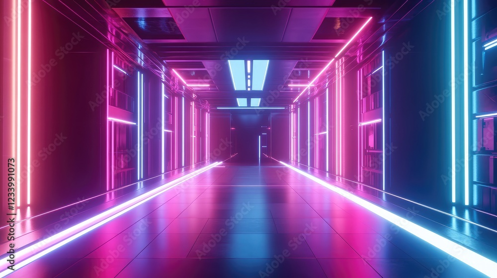 Poster futuristic cyber innovation network with glowing ai-driven nodes, smooth neon gradients, and an adva