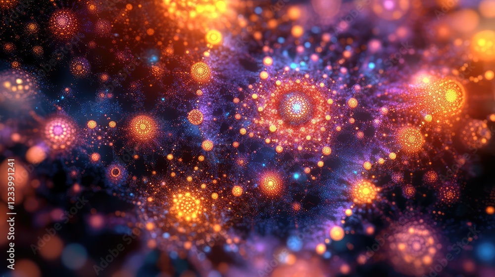 Poster futuristic digital nanotechnology with glowing molecules and particle clusters forming complex patte