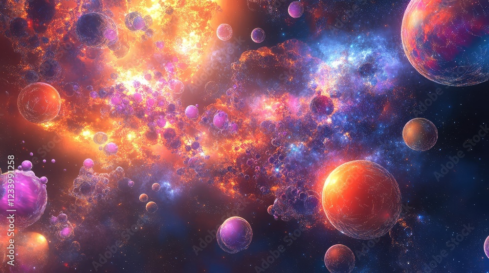 Poster futuristic digital nanotechnology with glowing molecules and particle clusters forming complex patte