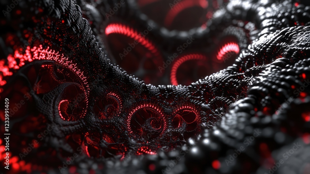 Poster futuristic nanotechnology design with fine molecular structures and glowing patterns, offering clear